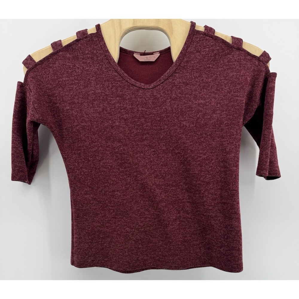 SJS Women's Burgandy Top Blouse 3/4 Sleeve Knit Casual Shoulder Straps Size L